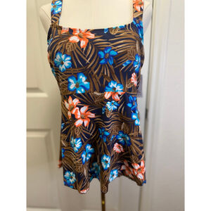 Lands’ End Flutter Tankini Top M Deep Sea Navy Tropical Palm Print NWT